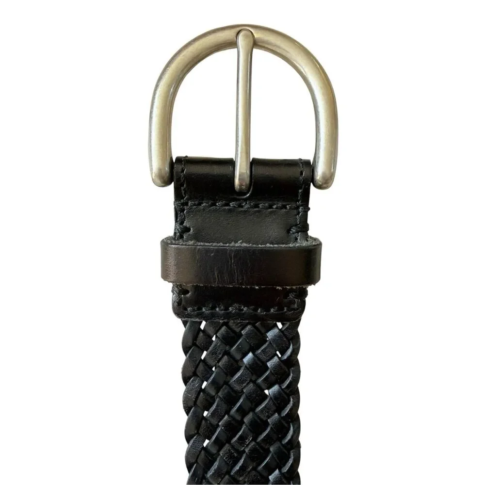 Fossil Black Braided Leather Belt Womens Sz Small Woven Silver Buckle Adjustable